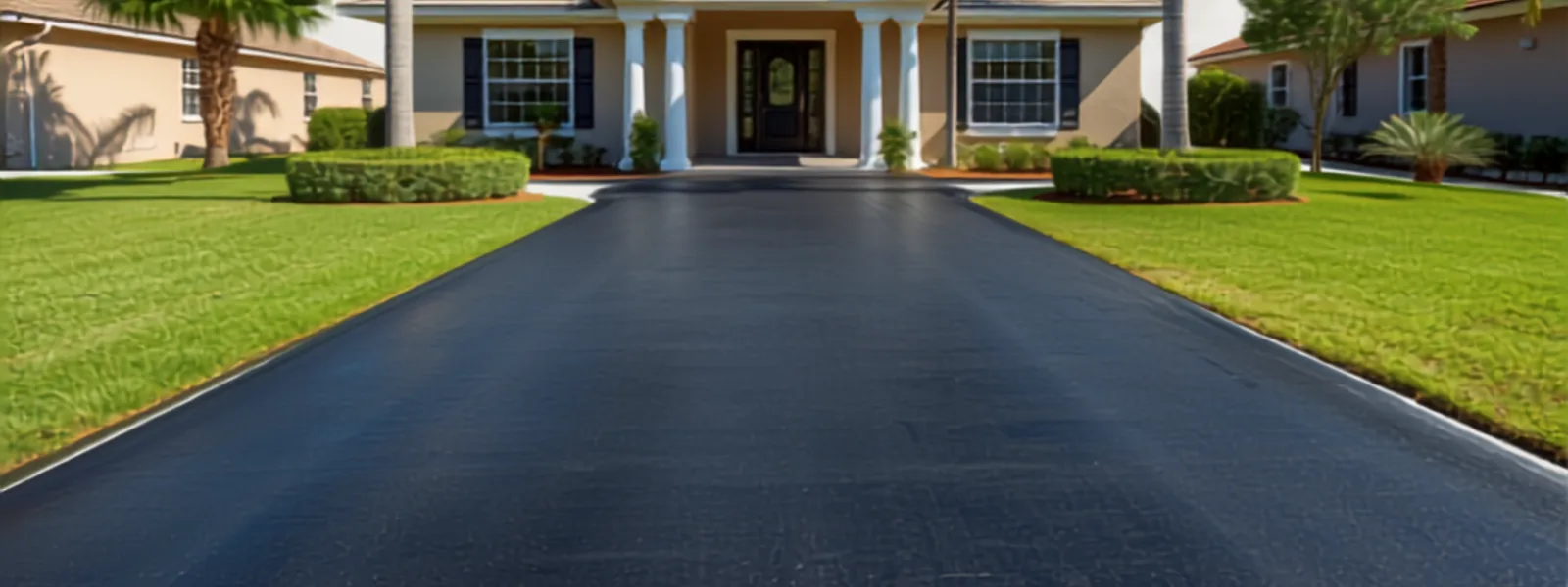 Freshly paved asphalt driveway curving up to a single-story home beneath mature trees